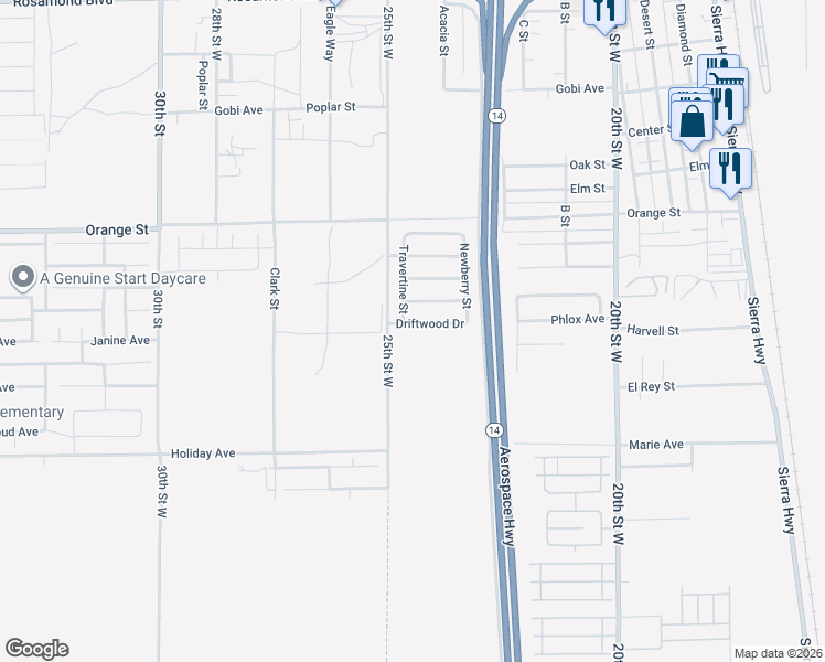 map of restaurants, bars, coffee shops, grocery stores, and more near 2403 Driftwood Drive in Rosamond