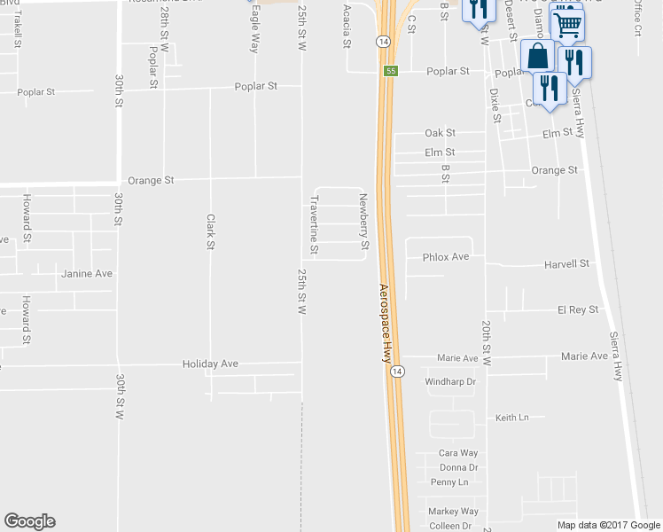 map of restaurants, bars, coffee shops, grocery stores, and more near 2408 Driftwood Drive in Rosamond