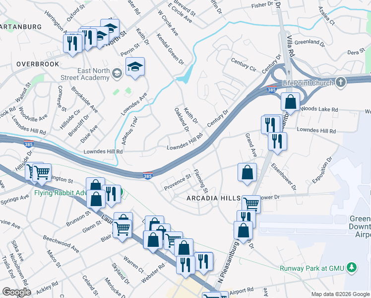 map of restaurants, bars, coffee shops, grocery stores, and more near 571 Lowndes Hill Road in Greenville
