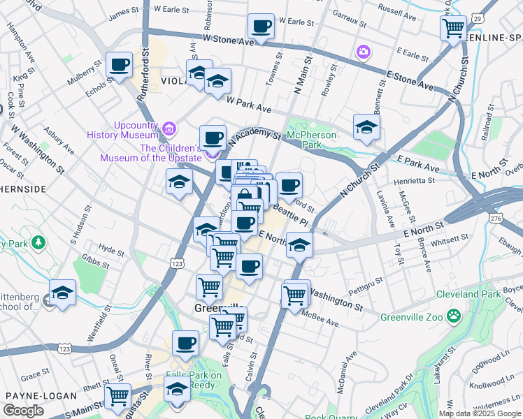 map of restaurants, bars, coffee shops, grocery stores, and more near 7 College Street in Greenville