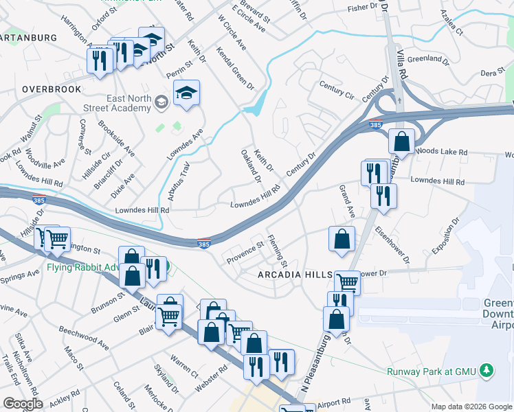 map of restaurants, bars, coffee shops, grocery stores, and more near 571 Lowndes Hill Road in Greenville