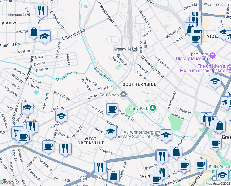 map of restaurants, bars, coffee shops, grocery stores, and more near Greenville Health System Swamp Rabbit Trail in Greenville