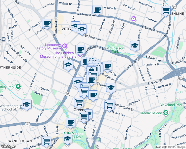 map of restaurants, bars, coffee shops, grocery stores, and more near 7 College Street in Greenville