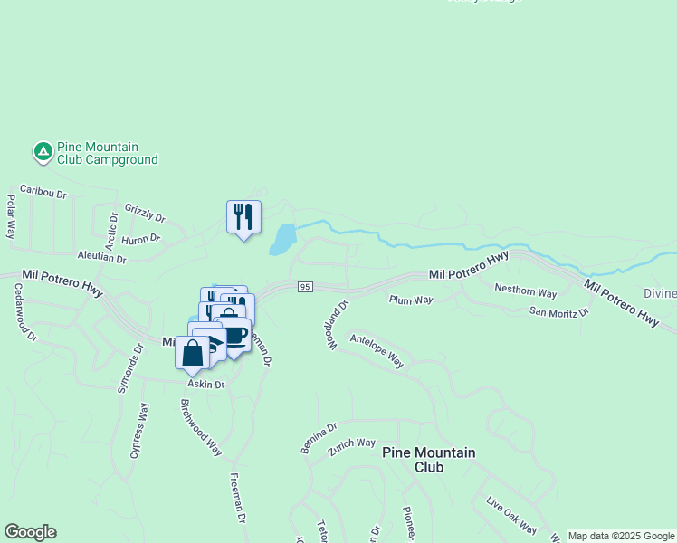 map of restaurants, bars, coffee shops, grocery stores, and more near 15916 Wildwood Drive in Pine Mountain Club