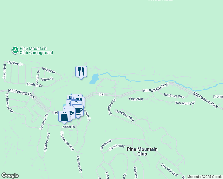 map of restaurants, bars, coffee shops, grocery stores, and more near 15916 Wildwood Drive in Pine Mountain Club