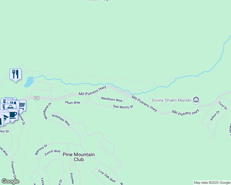 map of restaurants, bars, coffee shops, grocery stores, and more near 15408 Mil Potrero Highway in Pine Mountain Club