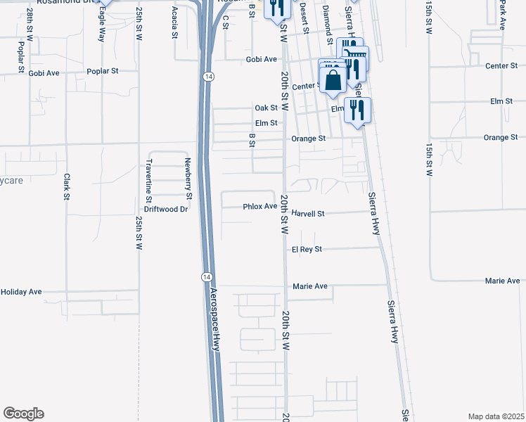 map of restaurants, bars, coffee shops, grocery stores, and more near 2024 Phlox Avenue in Rosamond