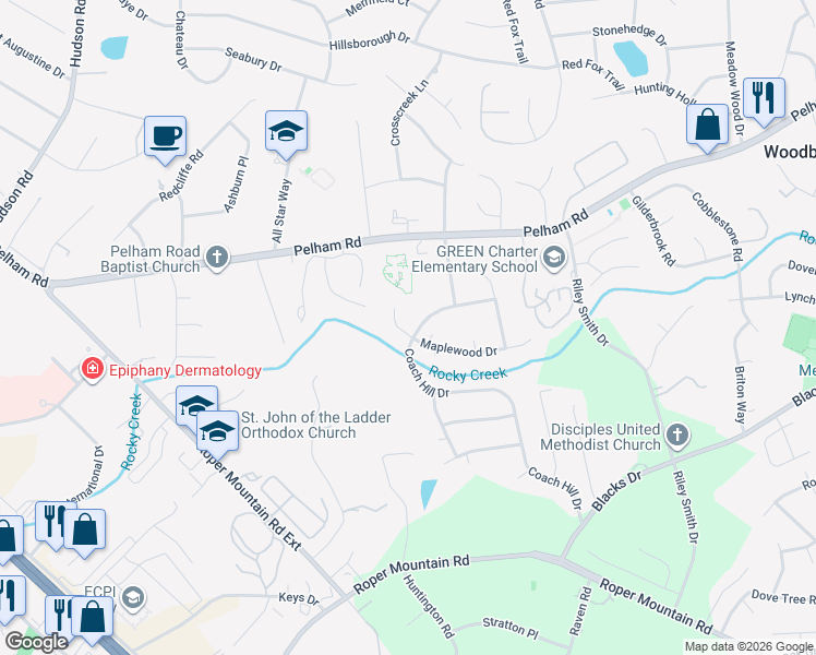 map of restaurants, bars, coffee shops, grocery stores, and more near 5017 Coach Hill Drive in Greenville