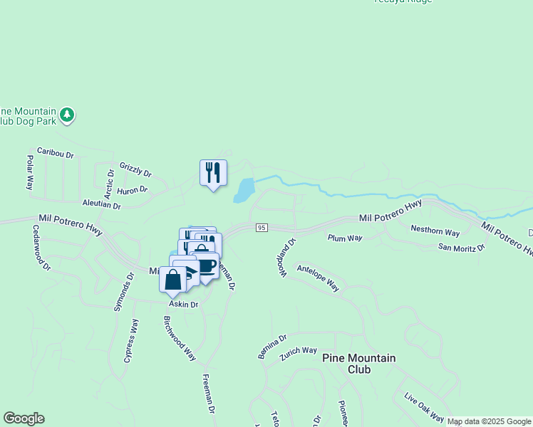 map of restaurants, bars, coffee shops, grocery stores, and more near 16004 Wildwood Drive in Frazier Park
