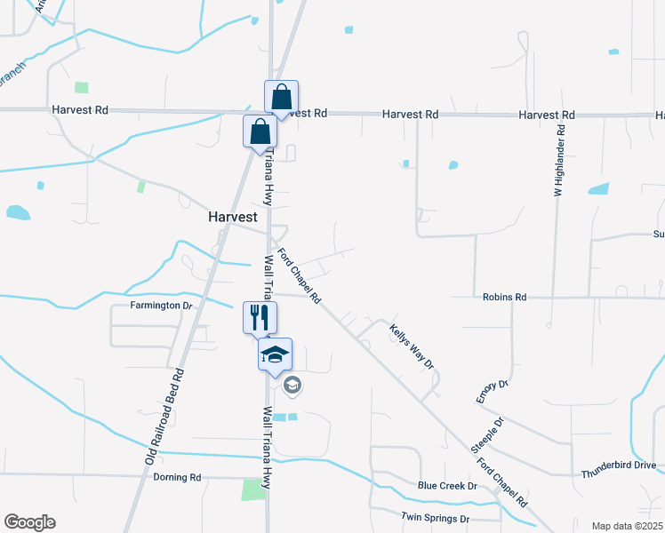 map of restaurants, bars, coffee shops, grocery stores, and more near 128 Cobb Drive in Harvest