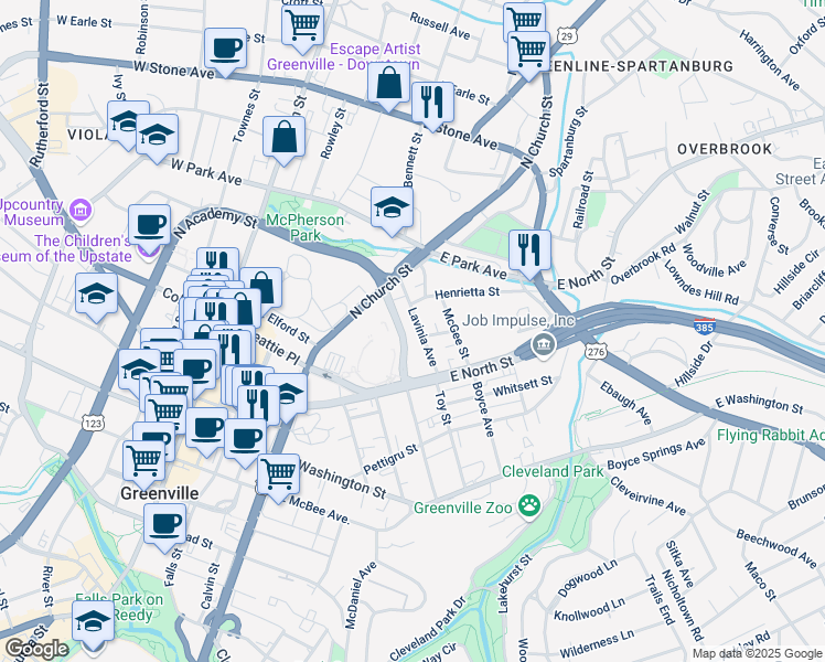 map of restaurants, bars, coffee shops, grocery stores, and more near 635 North Academy Street in Greenville