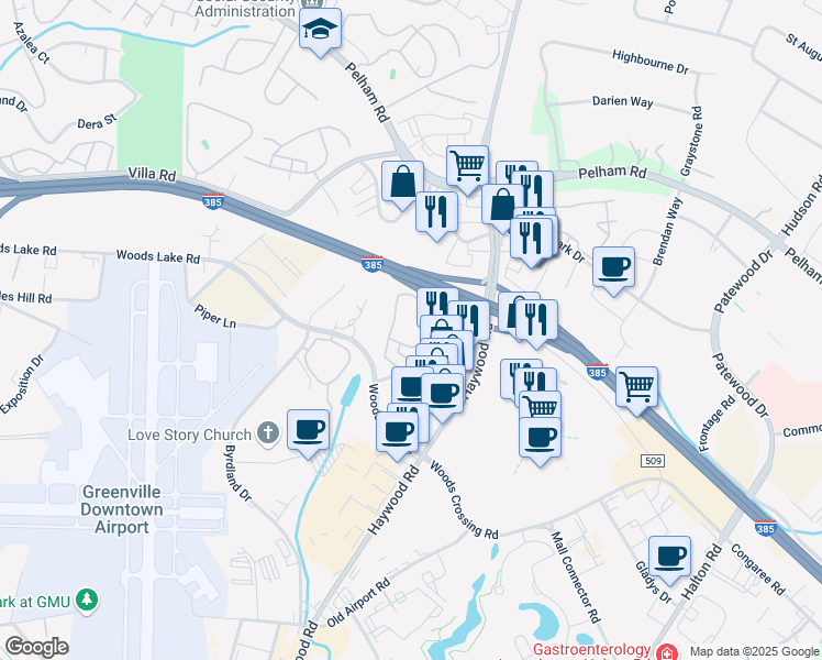 map of restaurants, bars, coffee shops, grocery stores, and more near 245 Congaree Road in Greenville