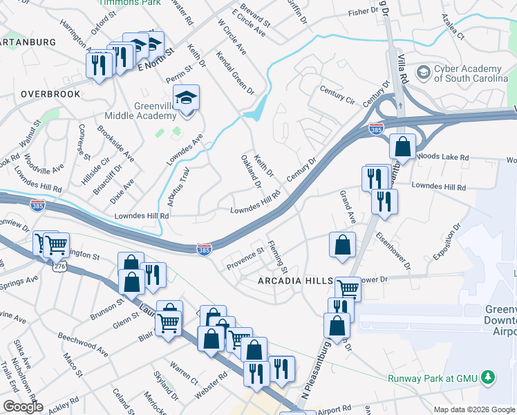 map of restaurants, bars, coffee shops, grocery stores, and more near 571 Lowndes Hill Road in Greenville