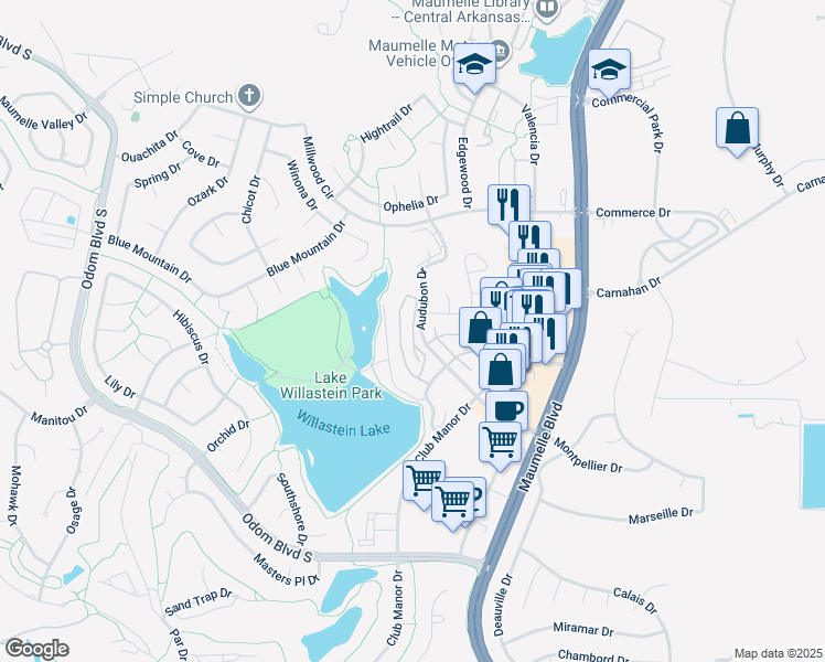 map of restaurants, bars, coffee shops, grocery stores, and more near 100 Park Drive in Maumelle
