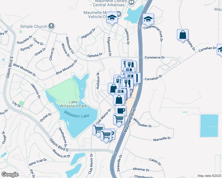 map of restaurants, bars, coffee shops, grocery stores, and more near in Maumelle