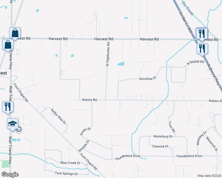 map of restaurants, bars, coffee shops, grocery stores, and more near 133 West Highlander Drive in Harvest