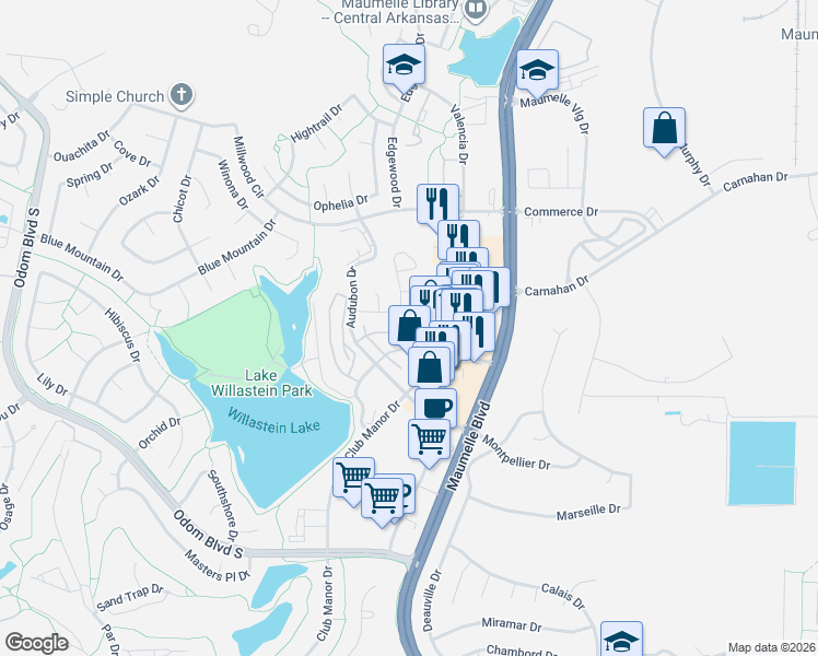 map of restaurants, bars, coffee shops, grocery stores, and more near 804 Tuscany Circle in Maumelle