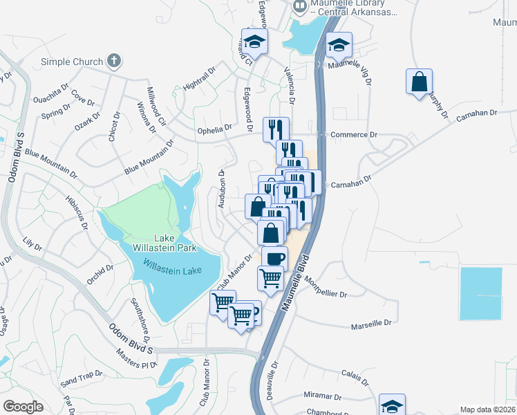 map of restaurants, bars, coffee shops, grocery stores, and more near 804 Tuscany Circle in Maumelle