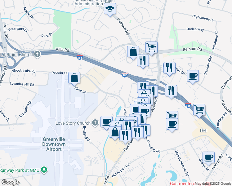 map of restaurants, bars, coffee shops, grocery stores, and more near 407 Woods Lake Road in Greenville