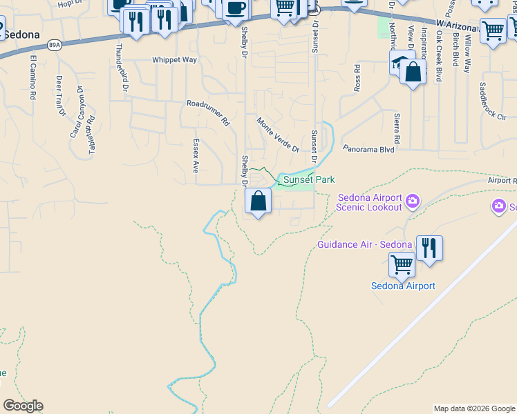 map of restaurants, bars, coffee shops, grocery stores, and more near 2250 Shelby Drive in Sedona