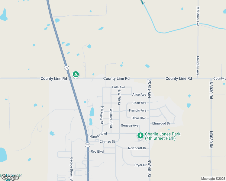 map of restaurants, bars, coffee shops, grocery stores, and more near 1604 Northwest Wilshire Boulevard in Lindsay