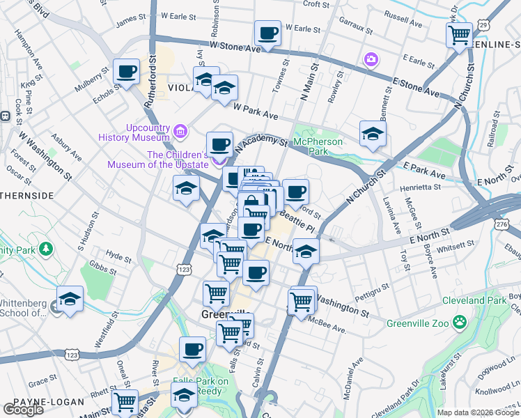 map of restaurants, bars, coffee shops, grocery stores, and more near 7 College Street in Greenville