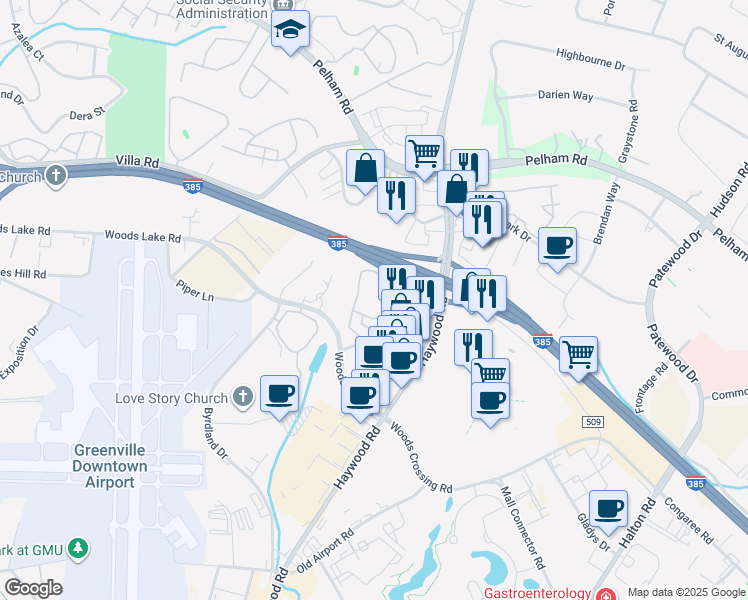 map of restaurants, bars, coffee shops, grocery stores, and more near 245 Congaree Road in Greenville