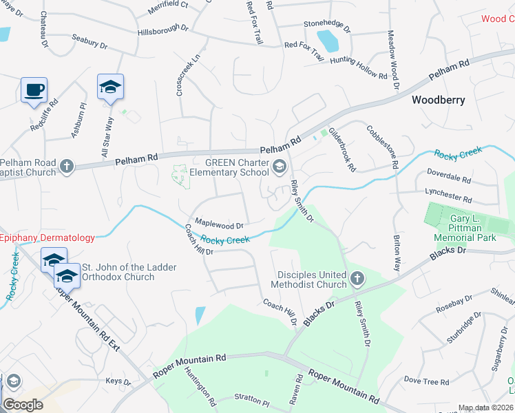 map of restaurants, bars, coffee shops, grocery stores, and more near 22 Fairoaks Drive in Greenville
