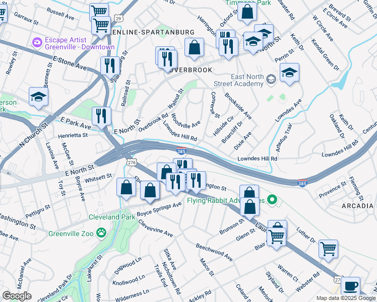 map of restaurants, bars, coffee shops, grocery stores, and more near 90 Hillside Drive in Greenville