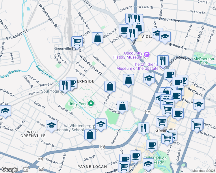 map of restaurants, bars, coffee shops, grocery stores, and more near in Greenville