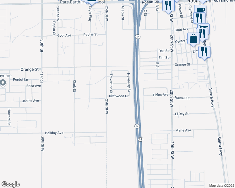 map of restaurants, bars, coffee shops, grocery stores, and more near 2403 Driftwood Drive in Rosamond