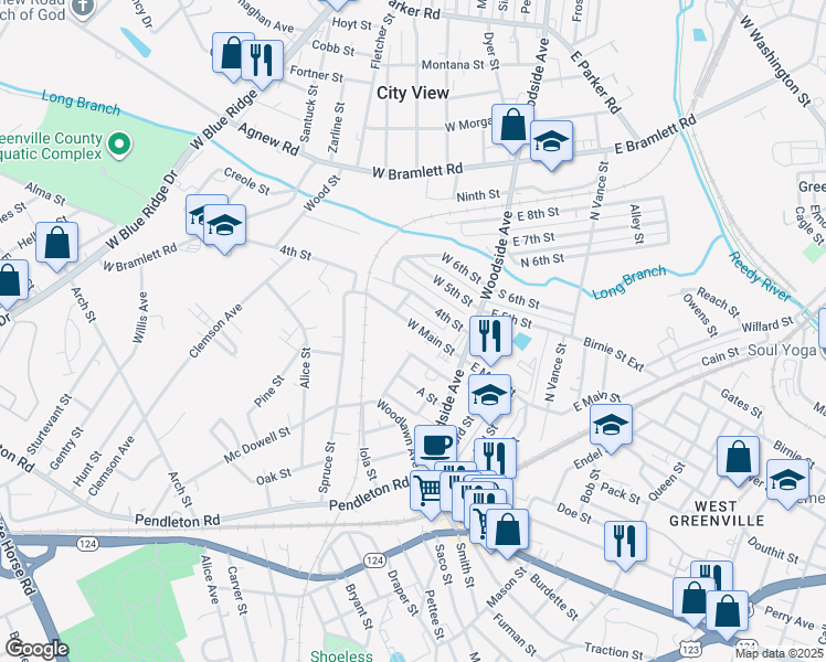 map of restaurants, bars, coffee shops, grocery stores, and more near 24 West Main Street in Greenville