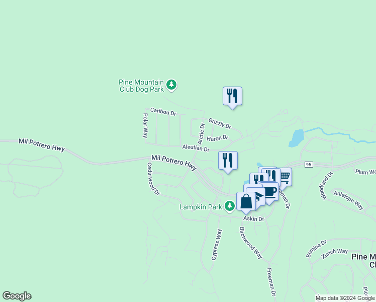map of restaurants, bars, coffee shops, grocery stores, and more near 16604 Aleutian Drive in Frazier Park