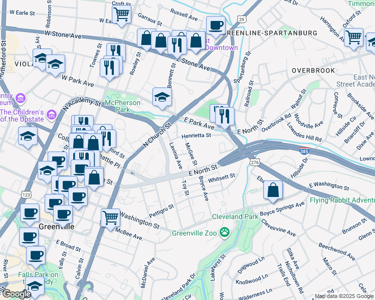 map of restaurants, bars, coffee shops, grocery stores, and more near 101 McGee Street in Greenville