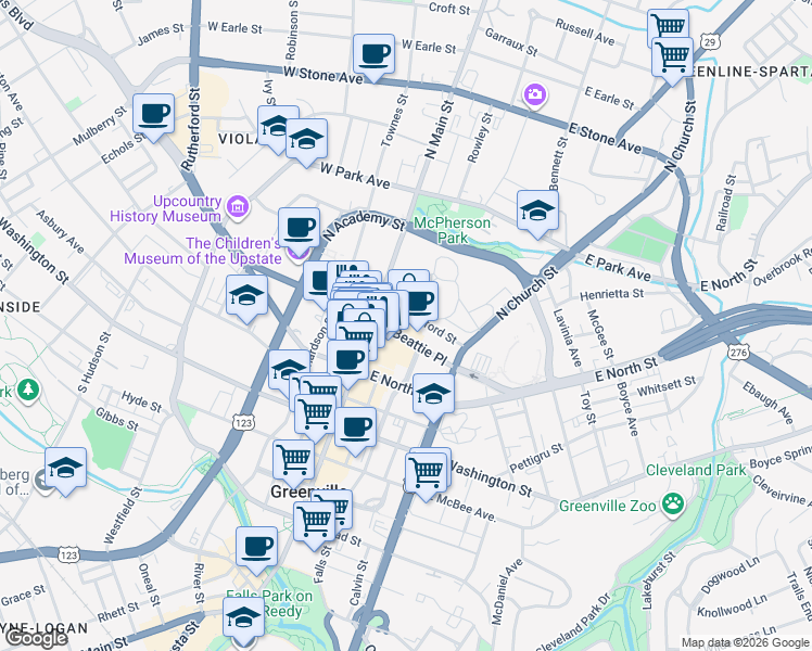 map of restaurants, bars, coffee shops, grocery stores, and more near 55 Beattie Place in Greenville