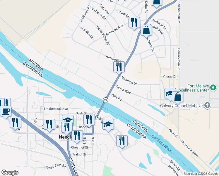 map of restaurants, bars, coffee shops, grocery stores, and more near 1276 Levee Drive in Mohave Valley