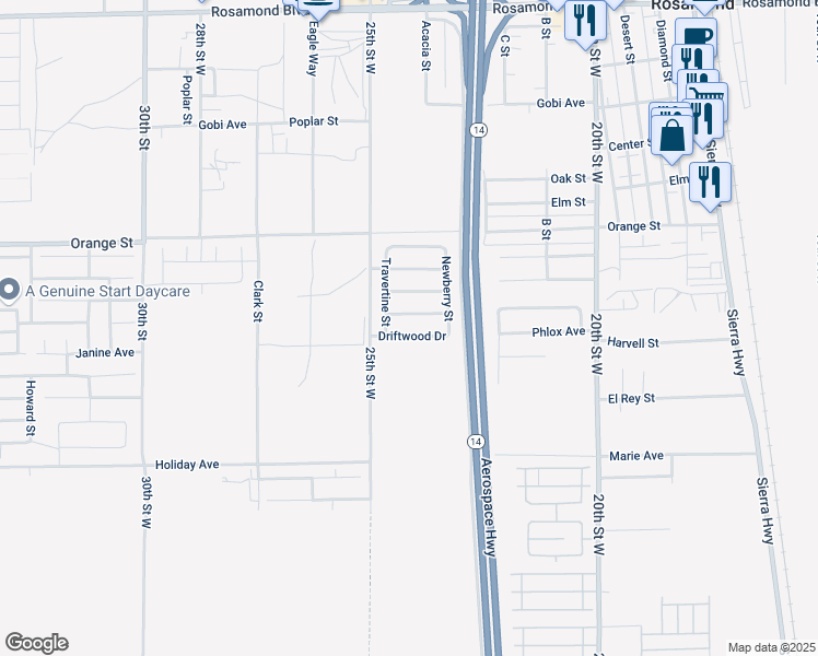 map of restaurants, bars, coffee shops, grocery stores, and more near 2403 Driftwood Drive in Rosamond