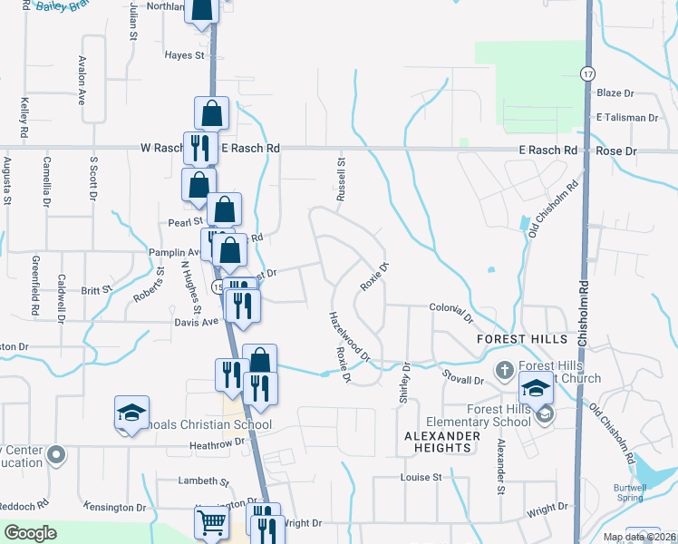 map of restaurants, bars, coffee shops, grocery stores, and more near 565 Hazelwood Drive in Florence