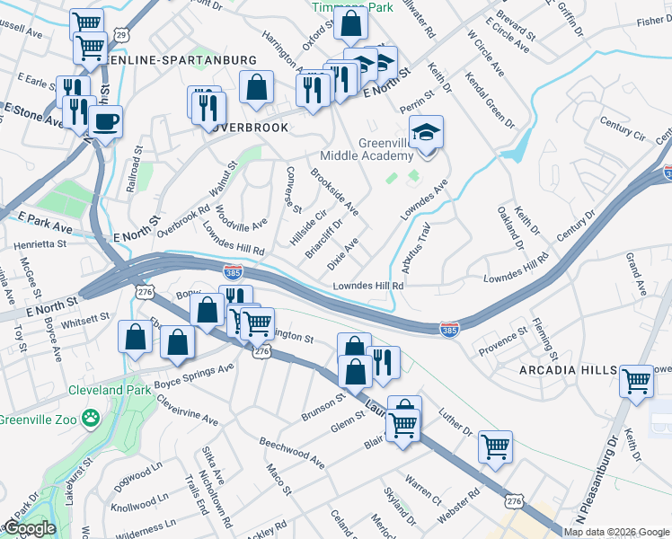 map of restaurants, bars, coffee shops, grocery stores, and more near 12 Dixie Avenue in Greenville