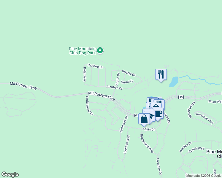 map of restaurants, bars, coffee shops, grocery stores, and more near 16604 Aleutian Drive in Frazier Park