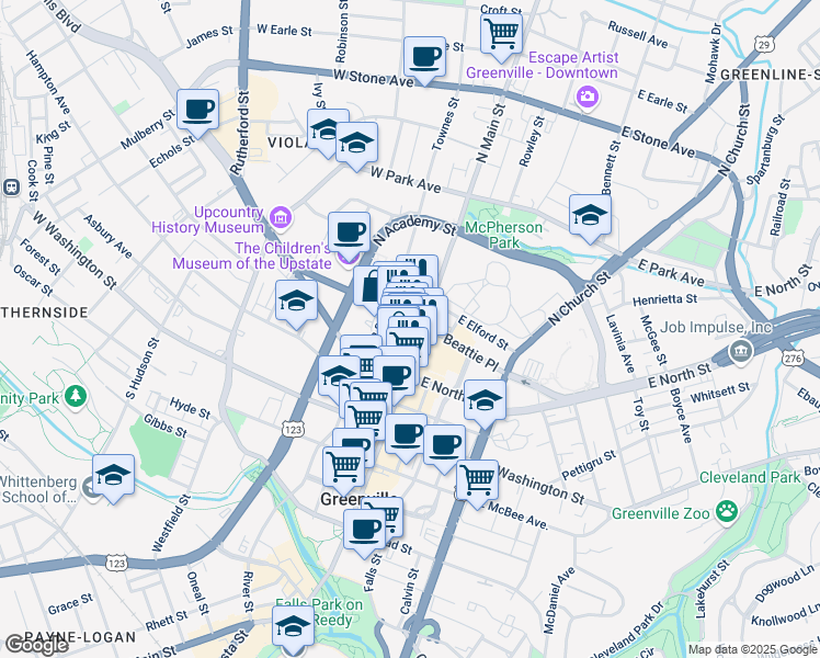 map of restaurants, bars, coffee shops, grocery stores, and more near 7 College Street in Greenville