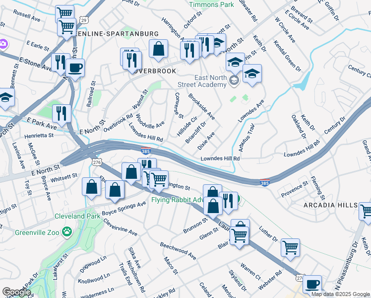 map of restaurants, bars, coffee shops, grocery stores, and more near 203 Lowndes Hill Road in Greenville