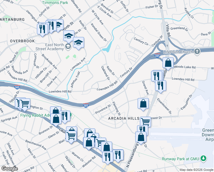 map of restaurants, bars, coffee shops, grocery stores, and more near 571 Lowndes Hill Road in Greenville
