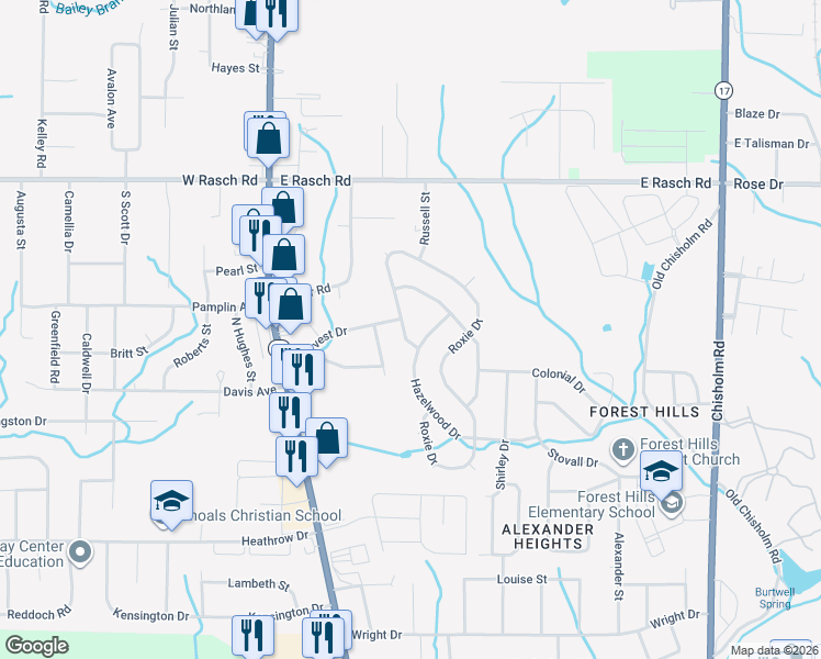 map of restaurants, bars, coffee shops, grocery stores, and more near 565 Hazelwood Drive in Florence