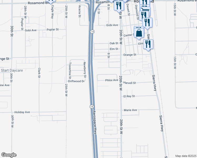 map of restaurants, bars, coffee shops, grocery stores, and more near 2137 Phlox Avenue in Rosamond