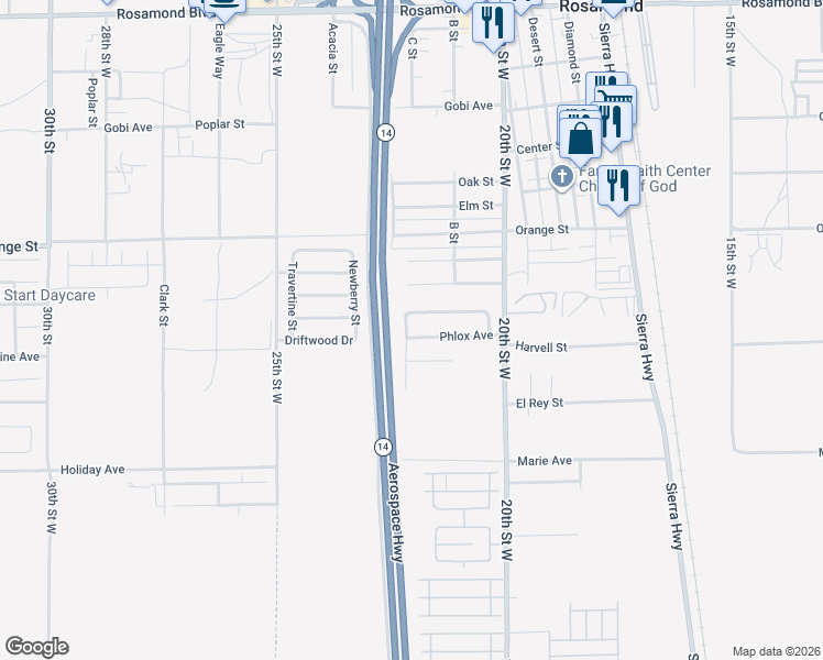 map of restaurants, bars, coffee shops, grocery stores, and more near 2129 Phlox Avenue in Rosamond