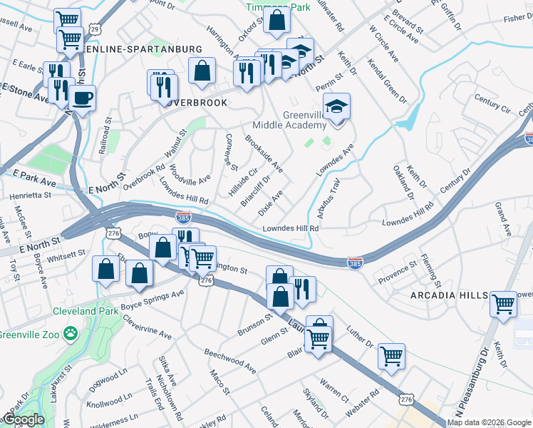map of restaurants, bars, coffee shops, grocery stores, and more near 12 Dixie Avenue in Greenville