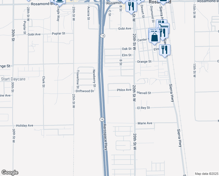 map of restaurants, bars, coffee shops, grocery stores, and more near 2137 Phlox Avenue in Rosamond