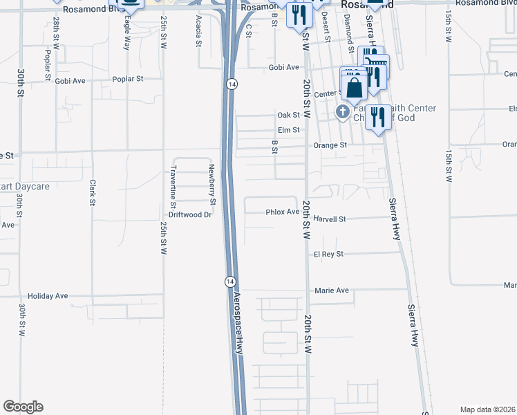 map of restaurants, bars, coffee shops, grocery stores, and more near 2129 Phlox Avenue in Rosamond
