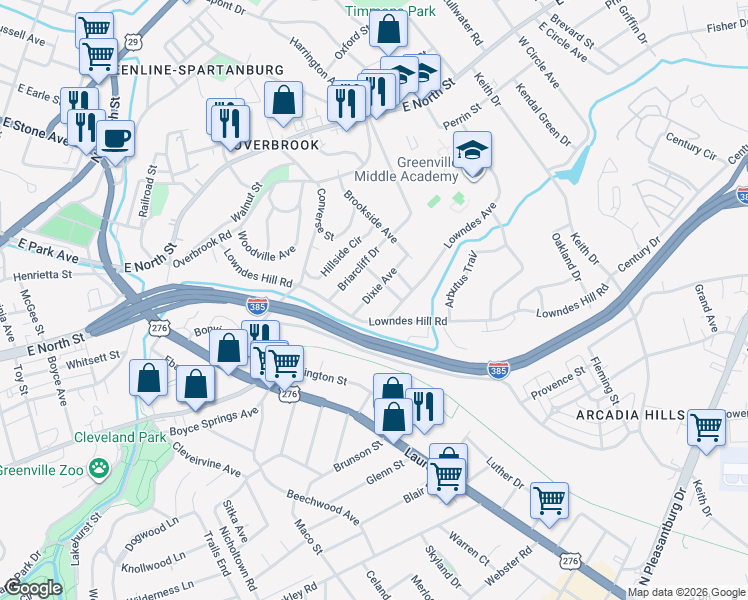 map of restaurants, bars, coffee shops, grocery stores, and more near 12 Dixie Avenue in Greenville